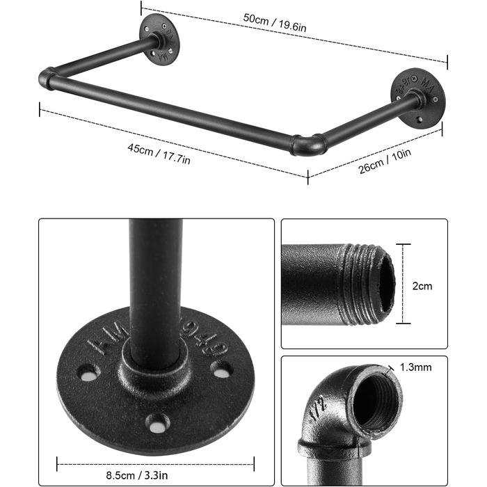 Wall-Mounted Clothes Rack, Pipe Clothes Rail, Industrial Style Wall Hangers, Detachable Metal Clothes Rods, Coat Rack, Bedroom for Hallways, Living Room, Bedroom (50cm - 2PCS)