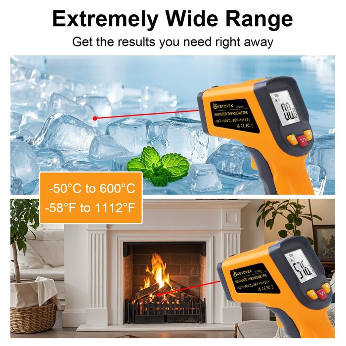 Інфрачервоний термометр KETOTEK Laser Digital IR Pyrometer KT600Y -50°C до 400 °C. Безконтактний вимірювач температури для кухні, барбекю, холодильника, промисловості та продуктів харчування