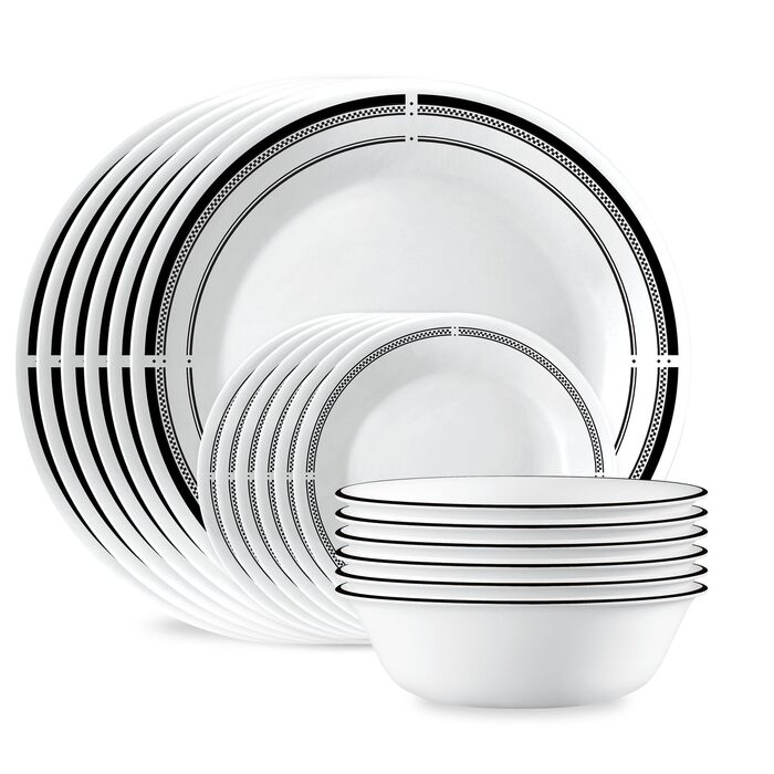 Набір посуду Corelle на 18 предметів для 6 осіб: тарілки, миски, скло Vitrelle (стійке до подряпин, мікрохвильова піч, посудомийна машина)