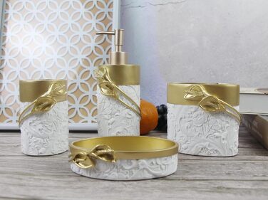 Набір аксесуарів для ванної кімнати Hymmah, золотий дизайн, 4 шт. (тримач для зубних щіток, мильниця, дозатор мила, Calla Gold)