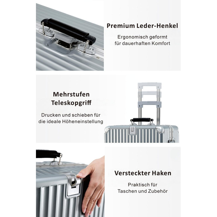 Чемодан ручної поклажі Yuweijie: міцний алюмінієвий каркас, 4 колеса, TSA-замок, срібний з коричневою шкіряною ручкою, S-58см