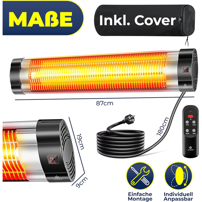 Інфрачервовий обігрівач KESSER® 2500W з пульт дистанційного керування, 3 режими, миттєвий нагрів, кріплення на стіну, для тераси, кварцовий, з захисним чохлом, таймер, антрацит (срібло)
