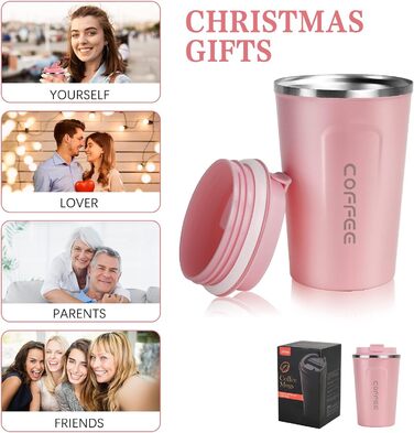 Термокружка Flintronic 510 мл з подвійними стінками, з кришкою, не протікає, для кави та чаю (рожевий)