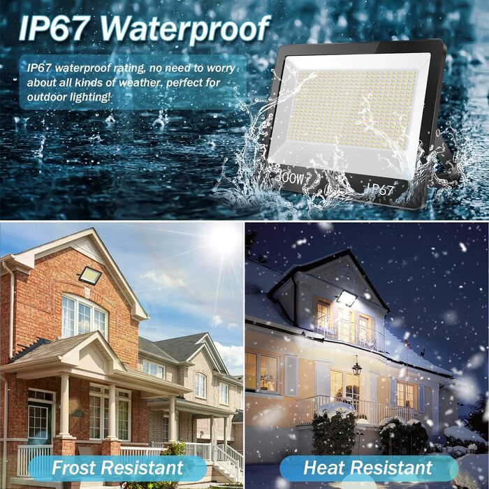 LED прожектор 300W для вулиці, IP67, 2 шт, 30000Лм, 7000K, холодне біле світло, водонепроникний, для складу, саду, гаража, двору, паркування