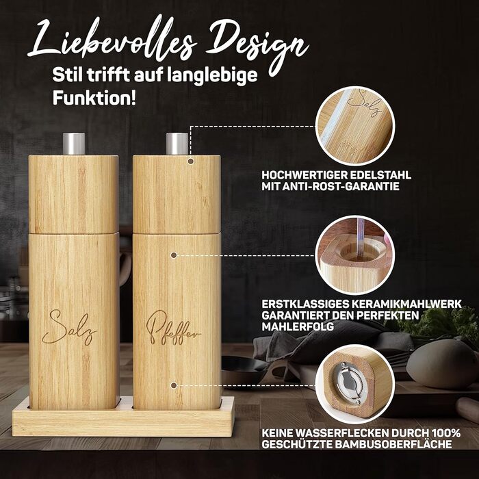 Набір з двох дерев'яних мельниць для солі та перцю з керамічним механізмом | Salz und Pfeffermühle Holz Groß