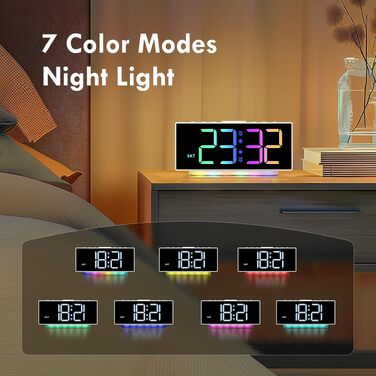Цифровий LED будильник з RGB нічним підсвічуванням (7 кольорів), мережевий будильник з 2 сигналами, функцією Snooze, регулюванням гучності та яскравості, 12/24г, білий