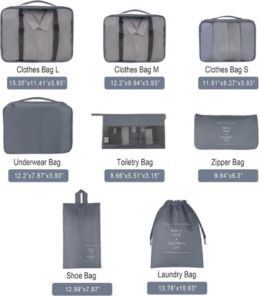Органайзер для валізи - Набір 8 штук Packing Cubes для подорожей, система організації валізи, набір кубиків для пакування (Сірий)