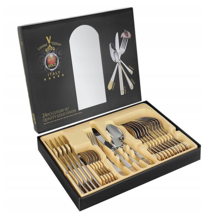 Золотий набір столових приборів у грецькому стилі, 24 предмети, обідній сервіз на 6 осіб у подарунковій коробці