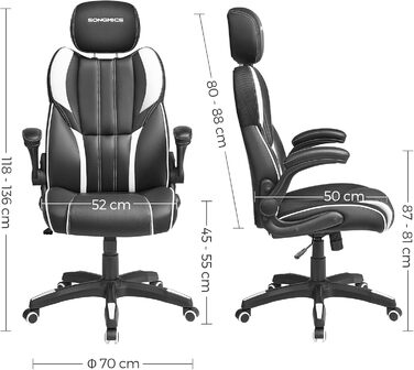 Крісло офісне SONGMICS, геймінгове, регульована підголовник, функція гойдання, регульовані підлокітники, універсальні ролики, регулювання висоти, OBG65BK (чорно-біле)