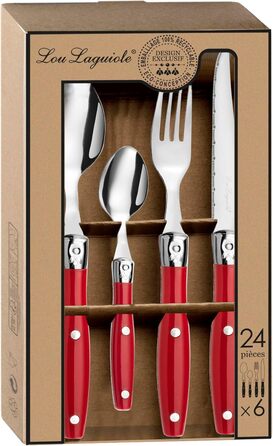 Набір столових приборів Lou Laguiole для стейків (24 шт.) | Набір столових приборів для 6 осіб | Червоний | Нержавіюча сталь | З хвилястим лезом
