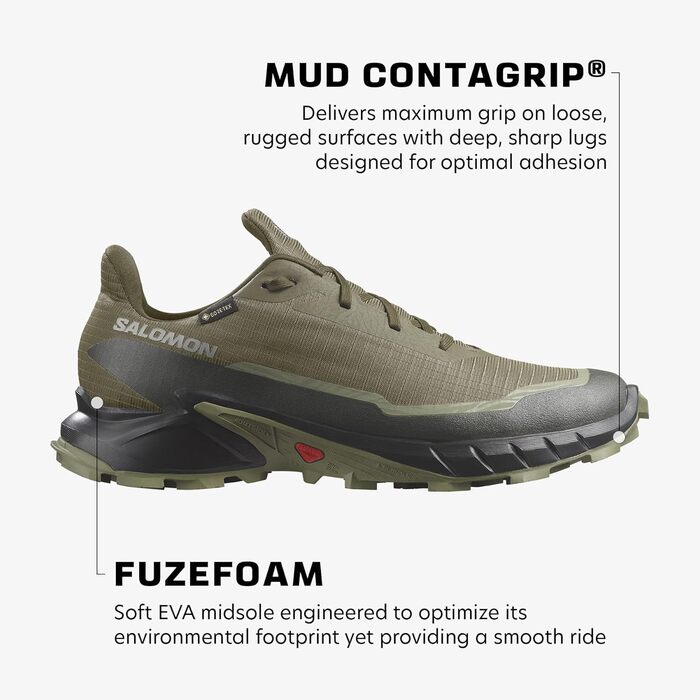 Чоловічі трейлові кросівки Salomon Alphacross 5 Gore-Tex (46 2/3 EU, Olive Night Black Deep Lichen Green)