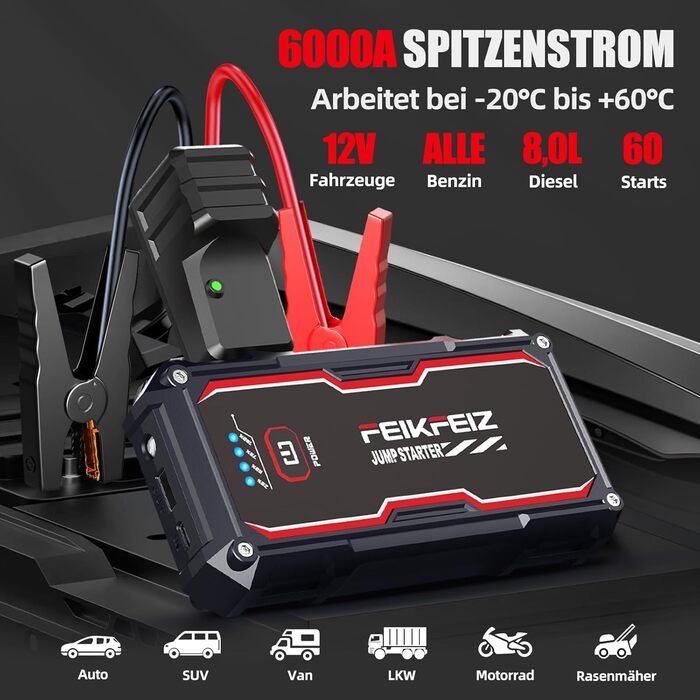 Портативний акумулятор для автомобіля 6000A/26800mAh, підходить для 12V авто (бензин та до 8.0L дизель), з USB та LED-ліхтариком