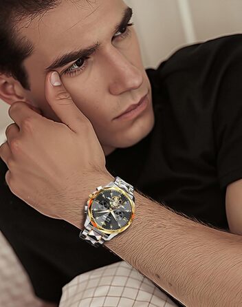 Чоловічий наручний годинник OLEVS G3316: аналоговий, водонепроникний, зі сталевим двоколірним ремінцем, чорним циферблатом, підсвічуванням та календарем