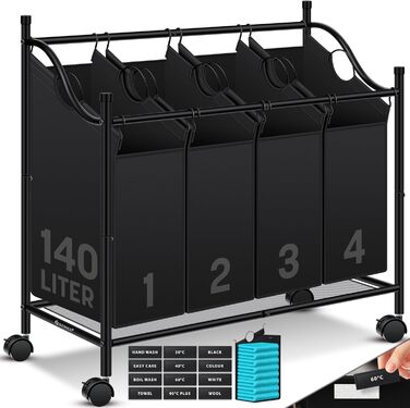 KESSER® Laundry Basket, Laundry Collector, Laundry Sorter with 4 Removable Fabric Bags | 4 Compartments x 35 Liters | Laundry Box with 12 Laundry Instructions, 360° Swivel Wheels with Brake, Laundry Sorting System, Laundry Cart, Black