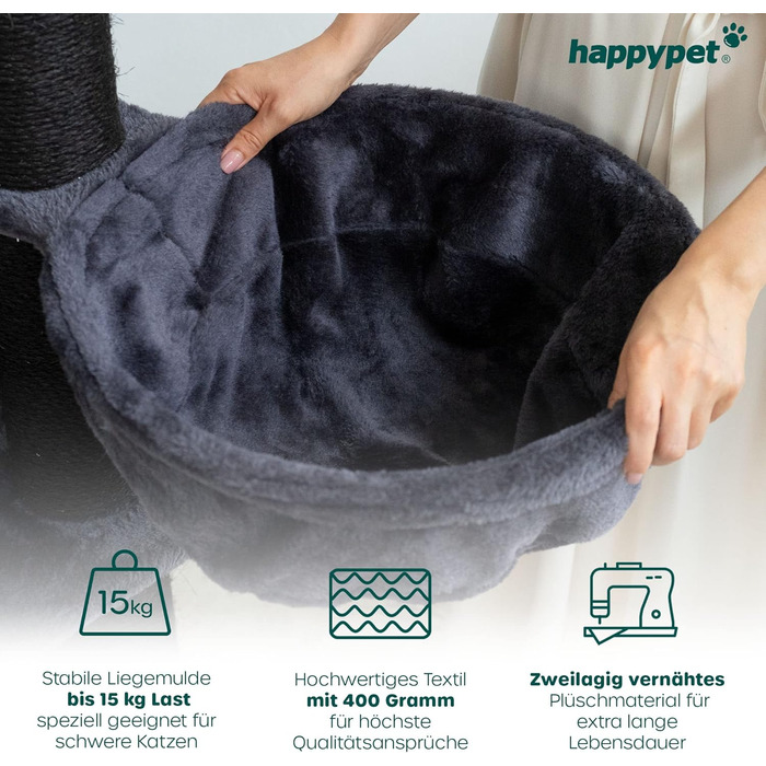 Кігтеточка для котів HAPPYPET 181 см - велика, стійка, з будинком та тунелем, ліжечка, іграшки, антрацит