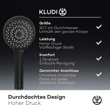 KLUDI-X1 Universal Shower Head with Hose, optional showerhead for water-saving use with 3 spray patterns (Body, Hair, Skin), easy-to-clean shower head Ø 10.7 cm, shower hose 1.60 m (Matte Black, 1 spray pattern)