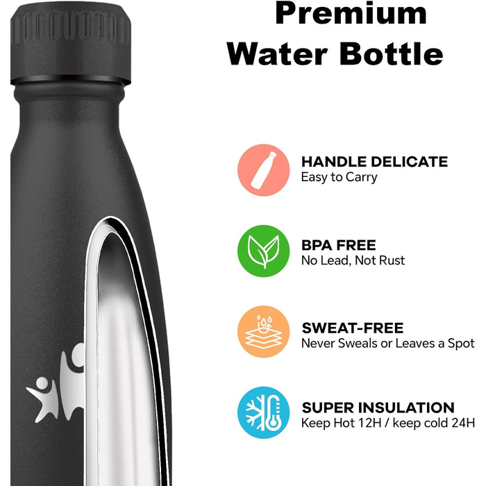 Термос-пляшка спортивна Grsta 750 мл, з нержавіючої сталі, подвійні стінки, BPA-Free, для кемпінгу, подорожей та спорту (чорний)