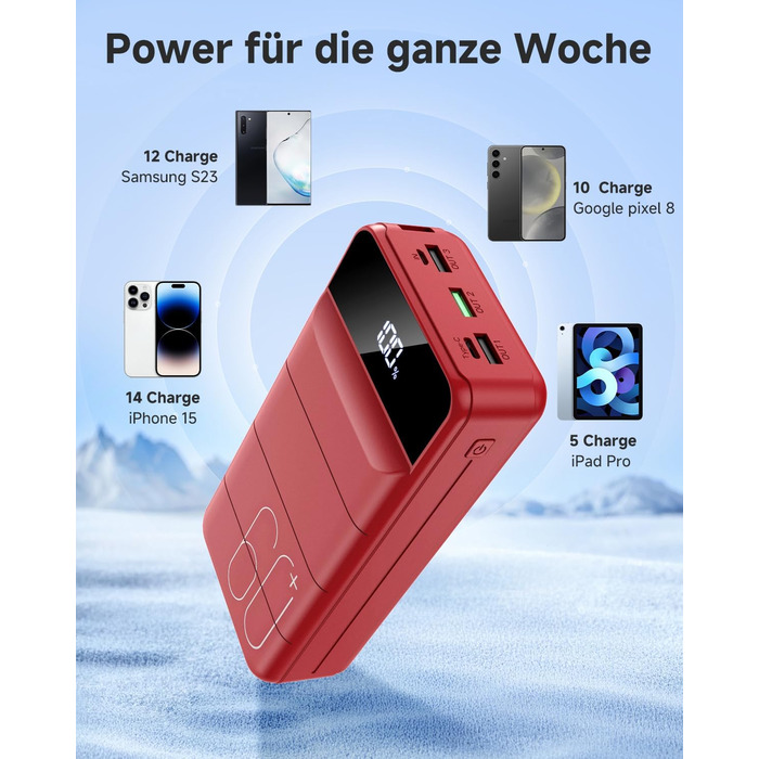 Power Bank 60000mAh 22,5W USB-C PD, Зовнішній акумулятор з 4 портами, Червоний