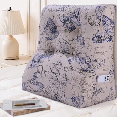 Вигнуте подушко-сидіння для ліжка, спинка для голови, клиновий ортопедичний підгузок, підставка для спини для сидіння в ліжку або на дивані, знімний чохол, блакитний з метеликами, 60 см