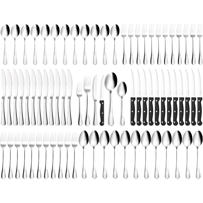 12-Person Flatware Set with Steak Knives, 72-Piece Stainless Steel Flatware Sets, High-Polished and Dishwasher Safe, Elegant Dinnerware, with Knife/Fork/Spoon, for Home, Party, Restaurant
