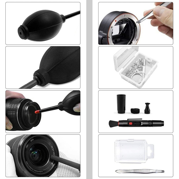 Набір для чищення камери 20-в-1: об'єктиви, фільтри, смартфони. Комплектація: стік, щітка, повітряний дмухник, мікрофібра.