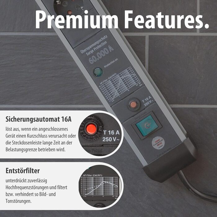 Бренненштуль Premium-Protect-Line Мережевий фільтр 6 виходів з USB та захистом від перенапруги (розподільник з вимикачем, 3м кабель, 2 USB 3.1A, Made in Germany) Сріблястий/чорний