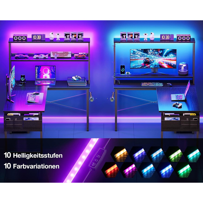 Ігровий стіл Coleshome L-подібної форми з LED-підсвічуванням та розетками, 135 × 100 см. Реверсивний кутовий стіл з полицями для зберігання, з кишенькою для аксесуарів. Чорний колір. Підходить для home office та геймінгу.