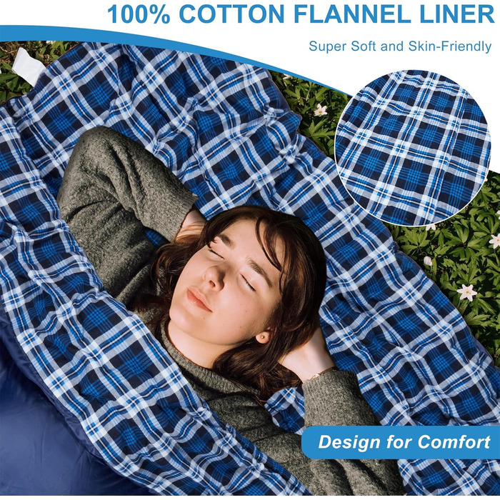 Cotton Flannel Double Sleeping Bag for Camping, Hiking, and Backpacking - Queen Size 2 Person Waterproof Sleeping Bag for Adults & Teens - Lightweight Blue/Blue