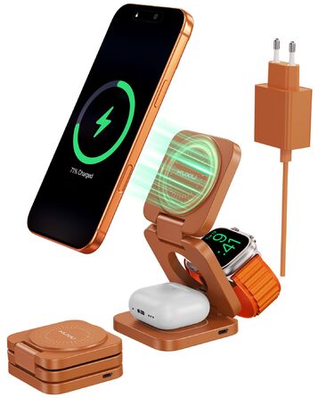 Зарядний пристрій KU XIU X55 Turbo Qi2.2 25W Magsafe 3-в-1: для Apple Watch, iPhone 17-12 та AirPods, помаранчевий