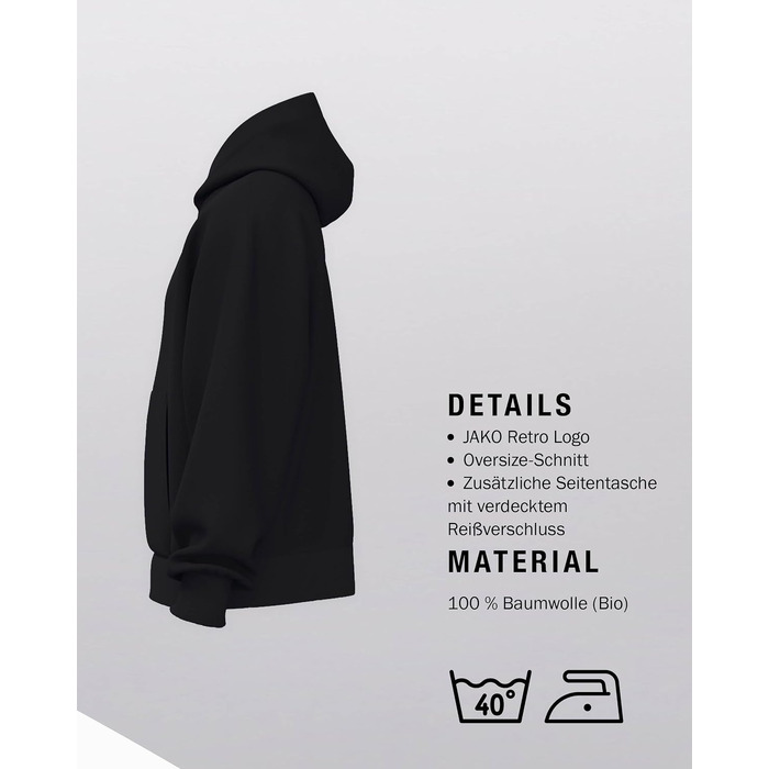 Худі JAKO Wardrobe унісекс Heavy Cotton — прогунковий світшот з капюшоном, щільна бавовна 400 г/м², чорний, розмір XL