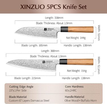 Японський ніж XINZUO Damaststahl Kiritsuke 21.5 см з нержавіючої сталі Дамаск, ніж шеф-кухаря Gyuto з ручкою з оливкового дерева та чорного рогу буйвола, з піхвою (набір з 5 ножів)