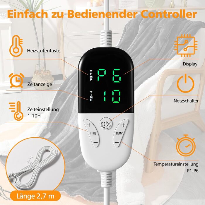 Електрична ковдра OneAmg з таймером та пультом, 155x180 см, 6 режимів нагріву, машинне прання, блакитна з кишенькою сірого кольору