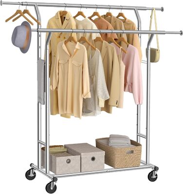 SONGMICS Стійка для одягу з металу, до 110 кг, на коліщатках, 129-169 см, хром HSR12S