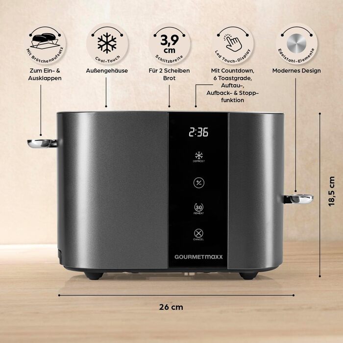 Тостер GOURMETmaxx Kurzschlitz для 2 тостів | Антрацитовий колір, 6 рівнів підсмажування, таймер, підставка для бургерів, функція підігріву | Електричний тостер з сенсорним дисплеєм