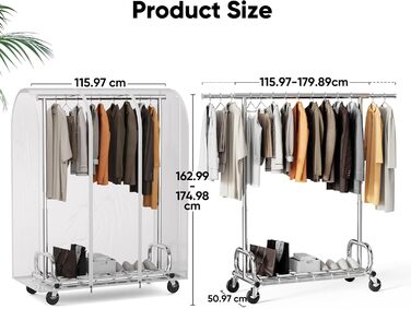 Вішалка для одягу HOKEEPER на коліщатках, вантажопідйомність 204 кг, висувна штанга для одягу