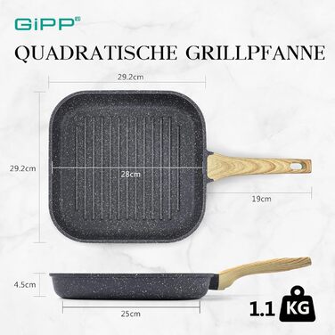 Сковорода-гриль GiPP 28x28 см з алюмінію з гранітним антипригарним покриттям для індукційних плит, без PFOA, універсальна, легка в догляді, сіра