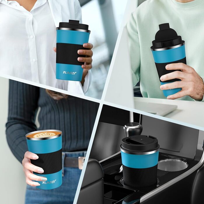 Термокружка для кави з кришкою, 380 мл, з подвійними стінками, з нержавіючої сталі, блакитно-чорна