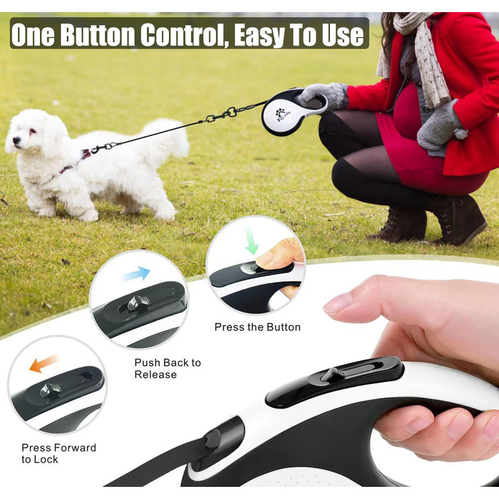 Висувна поводок для собак, 5 м, з ланцюгом, для 2 собак, витягуваний поводок для середніх та великих собак до 50 кг, білий та чорний