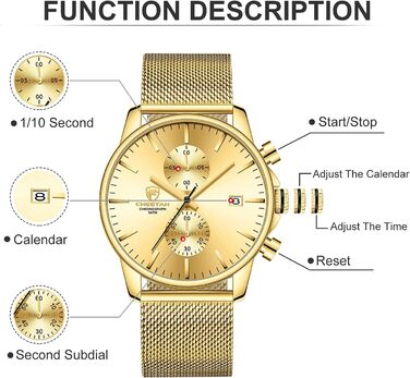 Годинник чоловічий GOLDEN HOUR: стильний, мінімалістичний кварцовий хронограф з міцною сталевою сіткою, водонепроникний