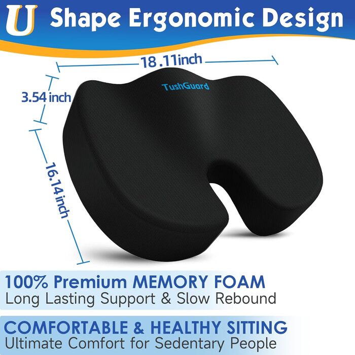 Подушка ортопедична TushGuard для офісного крісла, Memory Foam, X-Large, чорна. Зняття болю в спині, куприку, при ішіасі.