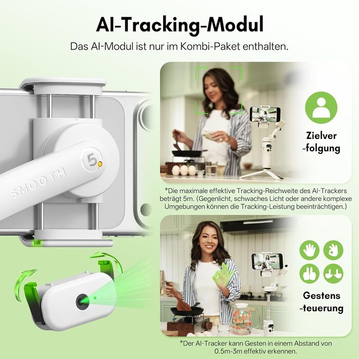 ZHIYUN Smooth Q5 Ultra Combo: Стабілізатор для смартфона з AI-трекінгом, керуванням голосом, пультом ДУ та світлом, 13.5год роботи, 3-осьовий