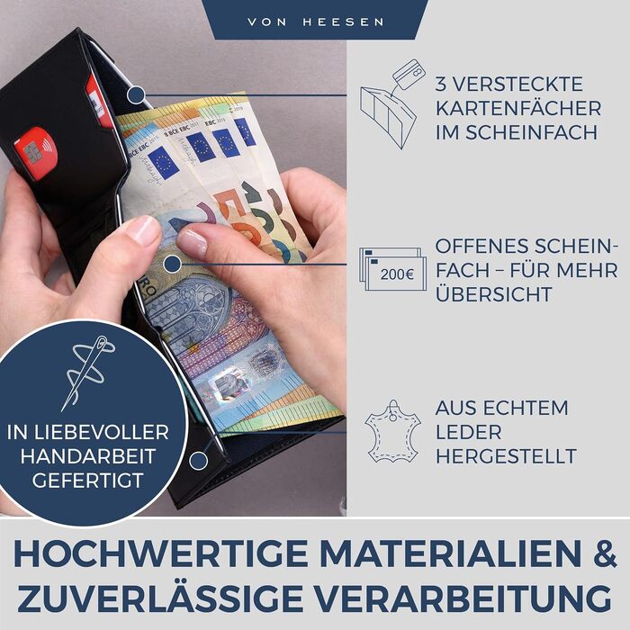 Шкіряний тонкий гаманець VON HEESEN з RFID-захистом, компактний картхолдер для чоловіків та жінок, чорний (гладка шкіра, XL відділення для монет)