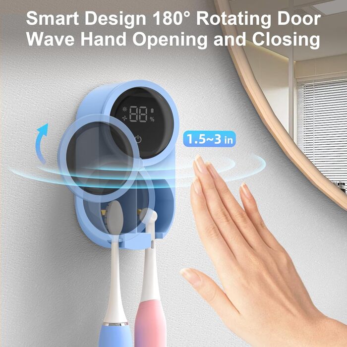 Biodzzs Wall-Mounted Toothbrush Holder and Cleaner, Smart Light Cleaning and Fan Drying, Automatic Rotating Cover, Toothbrush Case with Digital Display, Portable, Blue