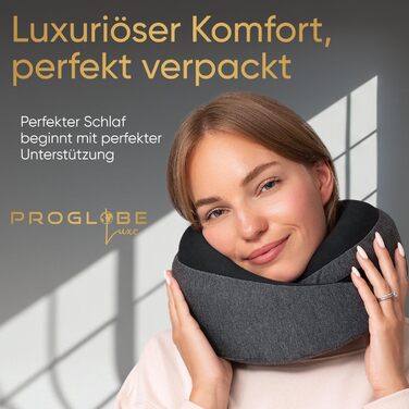 Подушка для подорожей Proglobe Luxe з піни Memory Foam (чорний). Комфортна подушка під шию для літаків з підставкою під підборіддя, компресійним мішком.