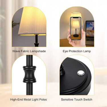 Настільна лампа на акумуляторі, бездротова LED лампа з USB-C 6000 mAh, 3 режими димування, для спальні, ліжка, їдальні, бару, чорного кольору