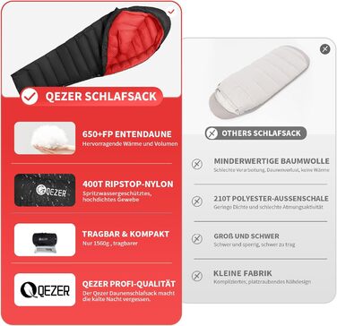 Пуховий спальний мішок для дорослих та дітей, легкий зимовий спальник Outdoor 8°C ~ -30°C для кемпінгу та альпінізму з 650 FP гусячим пухом, чорний, 1000g