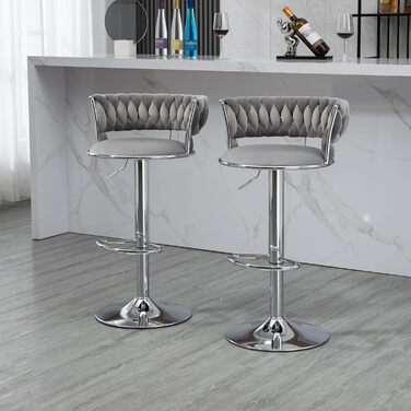 Adjustable Velvet Bar Stools 2-Pack with Backrest & Armrests - Ergonomic Swivel Bar Stools with Handwoven Velvet & Gold Legs for Kitchen Island, Bar, Restaurant - Includes Footrest (Silver, Grey)