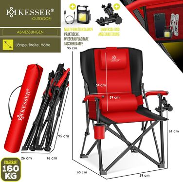Крісло для кемпінгу KESSER® з високою спинкою, 160 кг, з підлокітниками, тримачем для напоїв та світлом | Стільці для риболовлі, відпочинку на пляжі