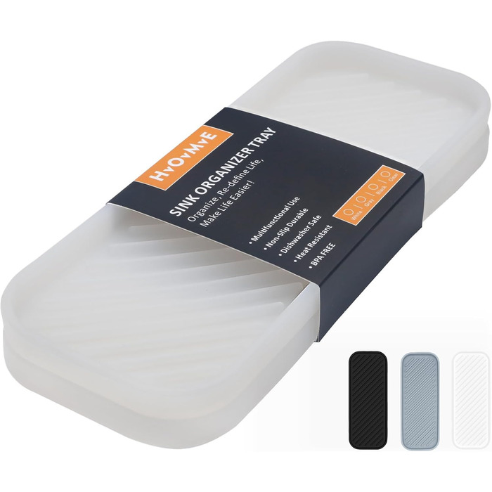 Тримач для мила з силікону для раковини, органайзер для кухні, ванної, туалетного столика, столу, зберігання губки, мила, щітки, макіяжу, пляшки, довговічний, 2 шт. (23.5 x 9.5 x 1.4 см, прозорий)