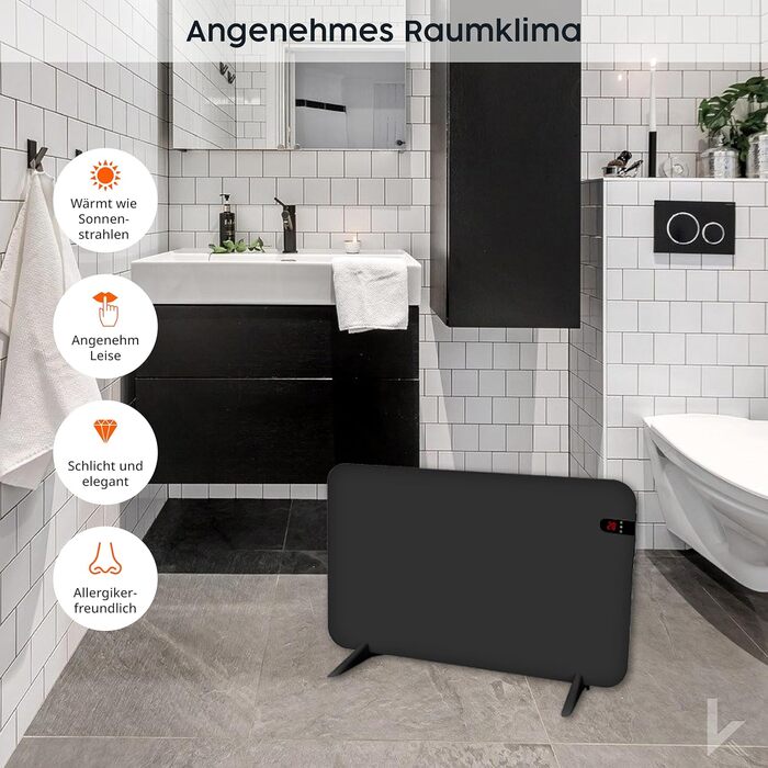 Обігрівач KönigsHaus 450W Smart з інфрачервоним випромінюванням V2 - підлоговий/настінний - керування через Wi-Fi з пульт дистанційного керування - з тримачем для рушників, ніжками та кріпленням. Колір: Білий. Потужність: 450 Вт